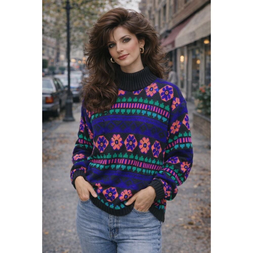 Glamour Knit Mock Neck Sweater Pullover Blue Long Sleeve Geometric Print Size 42